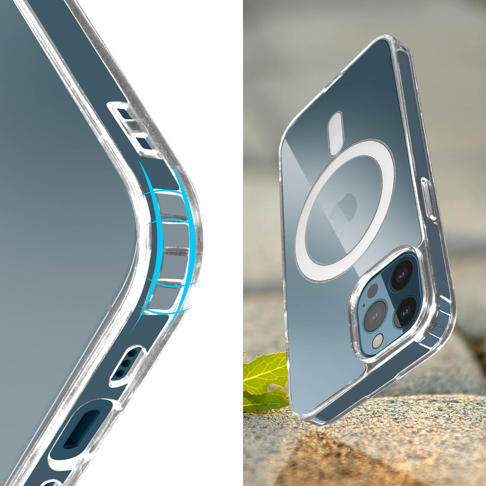 Custodia trasparente per telefono con anello bianco e contorno blu. È su una superficie con una foglia verde.