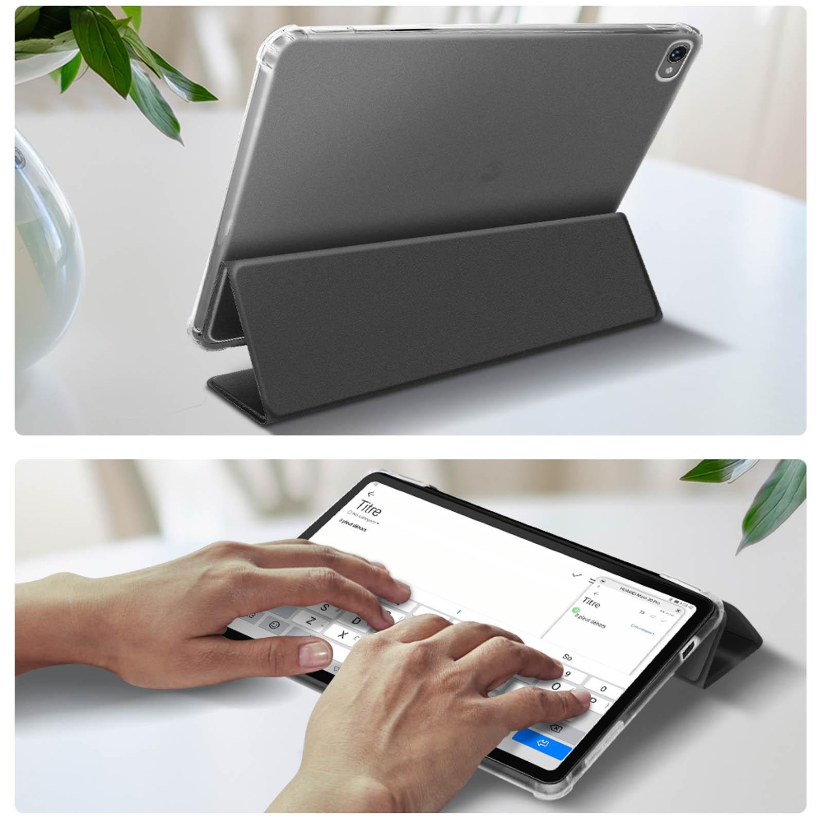 Un tablet con custodia è su un tavolo. Una persona sta digitando sulla tastiera. Lo sfondo ha piante.