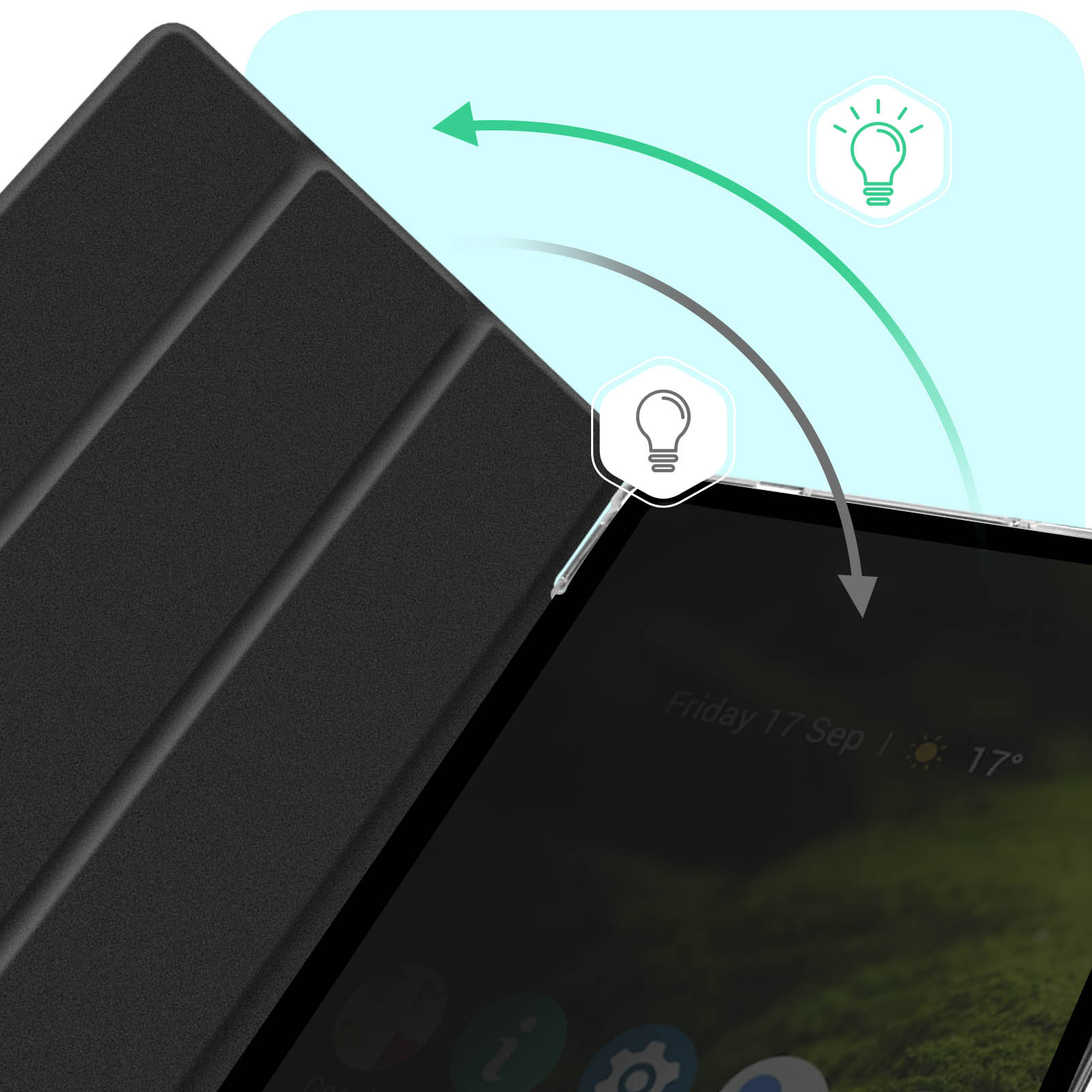 Custodia nera con icone a forma di lampadina. È visibile lo schermo di un tablet. Le frecce suggeriscono una lampadina accesa.