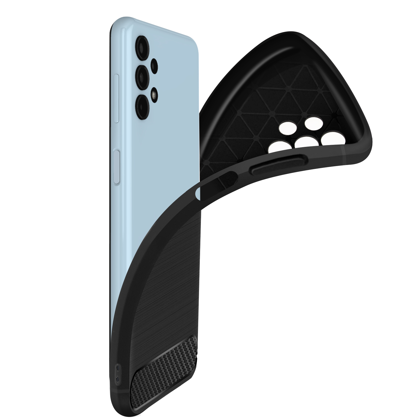 Ein hellblaues Telefon. Eine schwarze Hülle wird auf das Telefon gelegt. Die Rückseite der Hülle hat eine Textur.