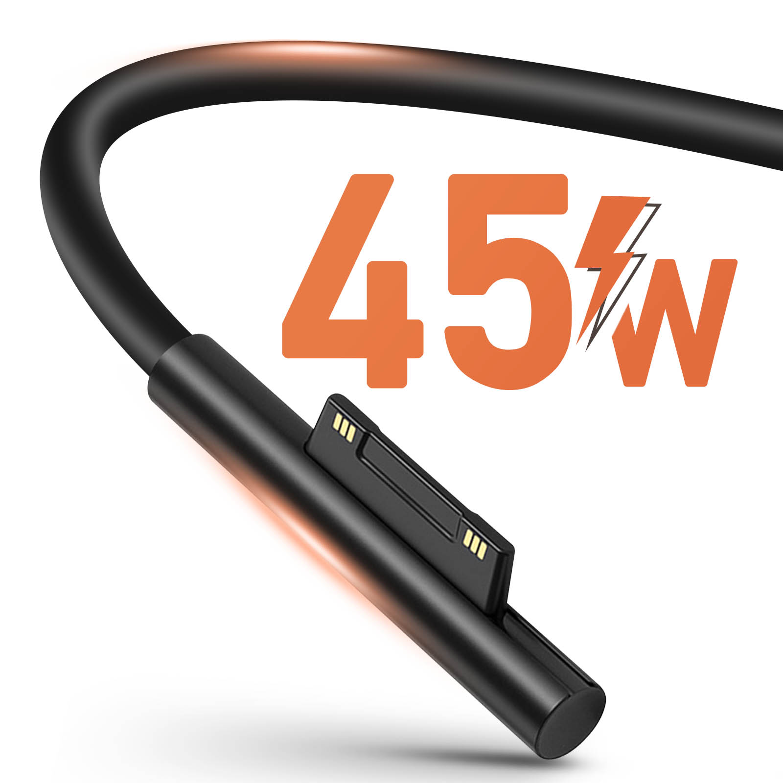 Cavo di ricarica nero con testo arancione 45W e simbolo del fulmine.