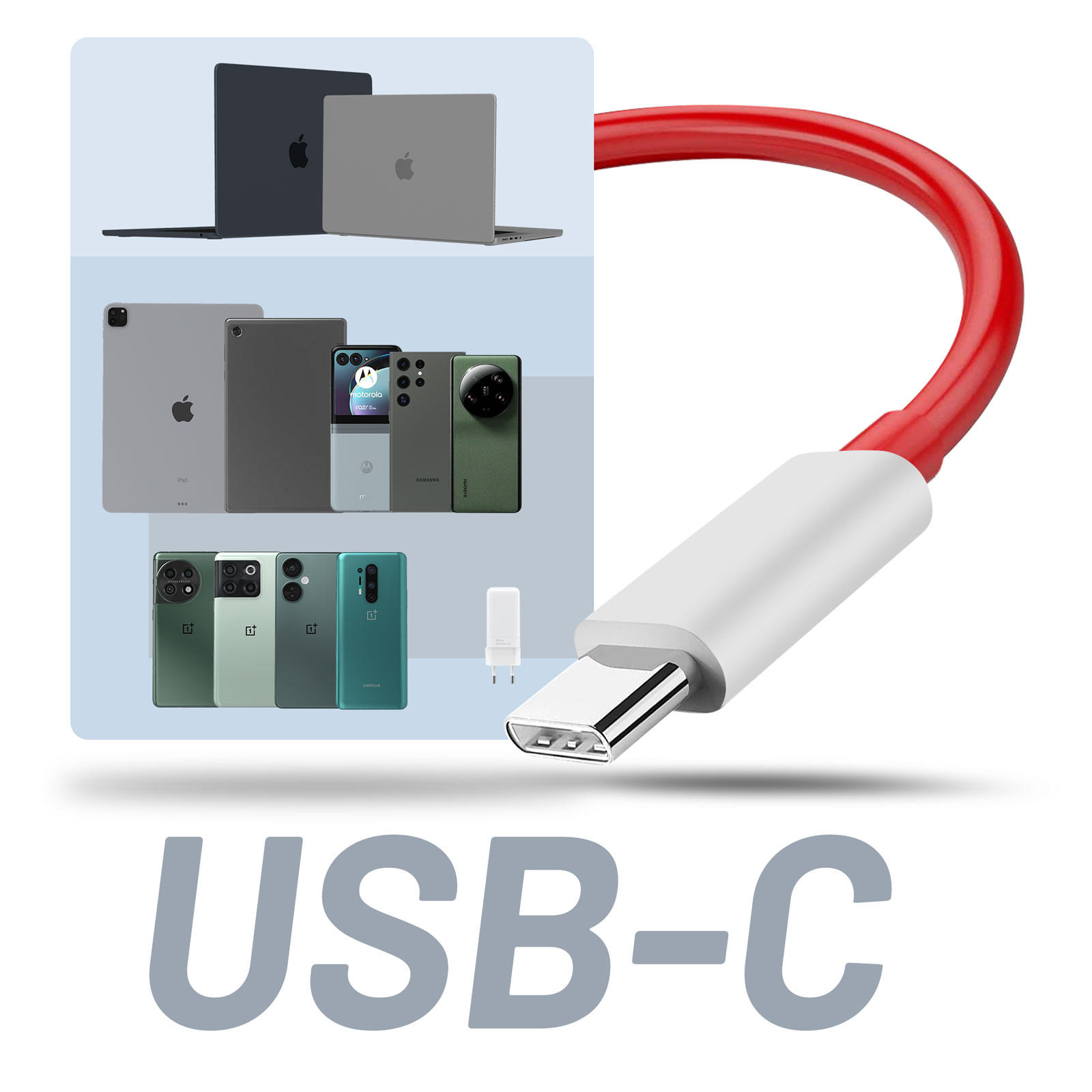 USB-C-Kabel mit mehreren Geräten: Laptops, Tablets und Smartphones. Kabel ist rot und weiß.