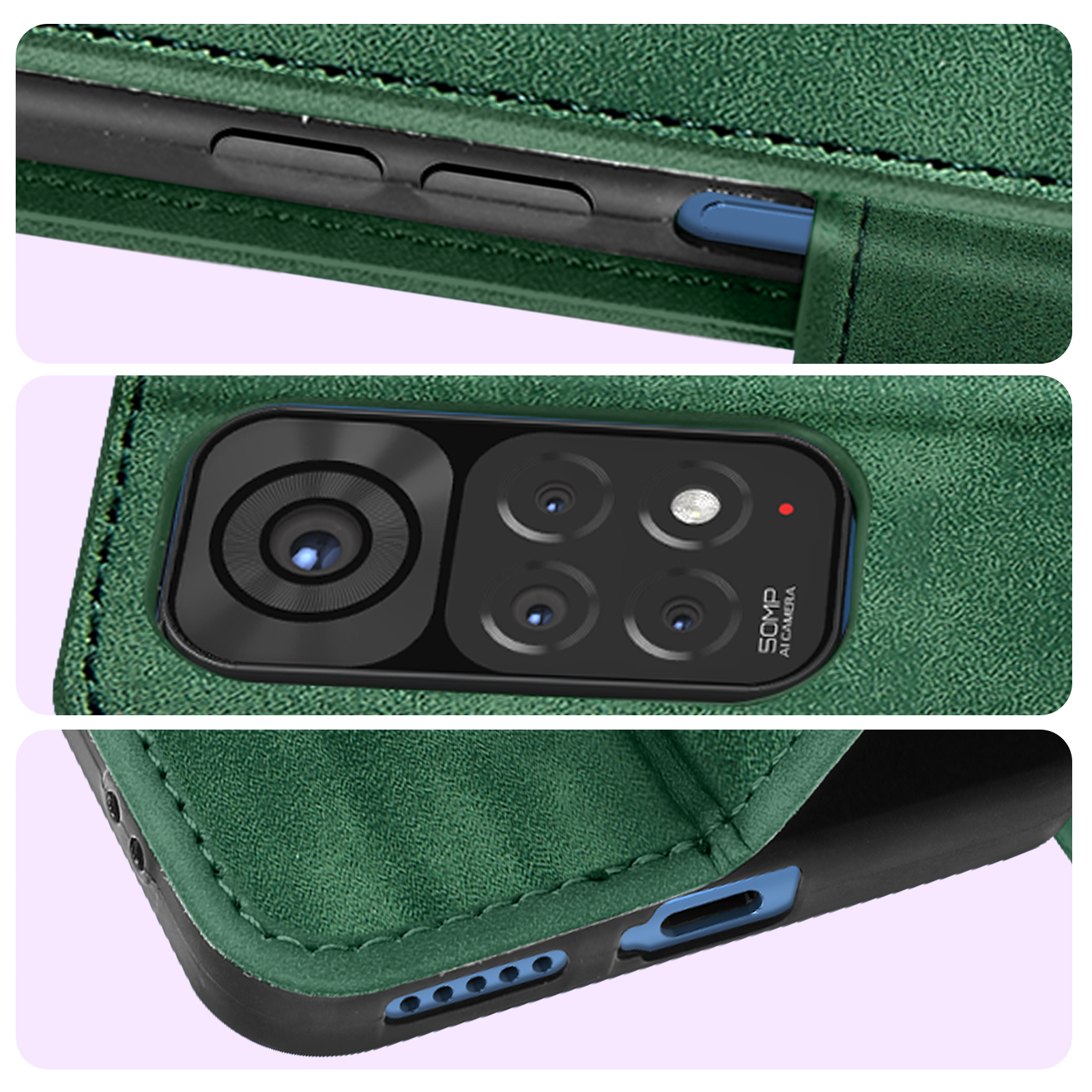 Tre primi piani di una custodia verde per telefono, che mostrano i pulsanti, la fotocamera e le porte.
