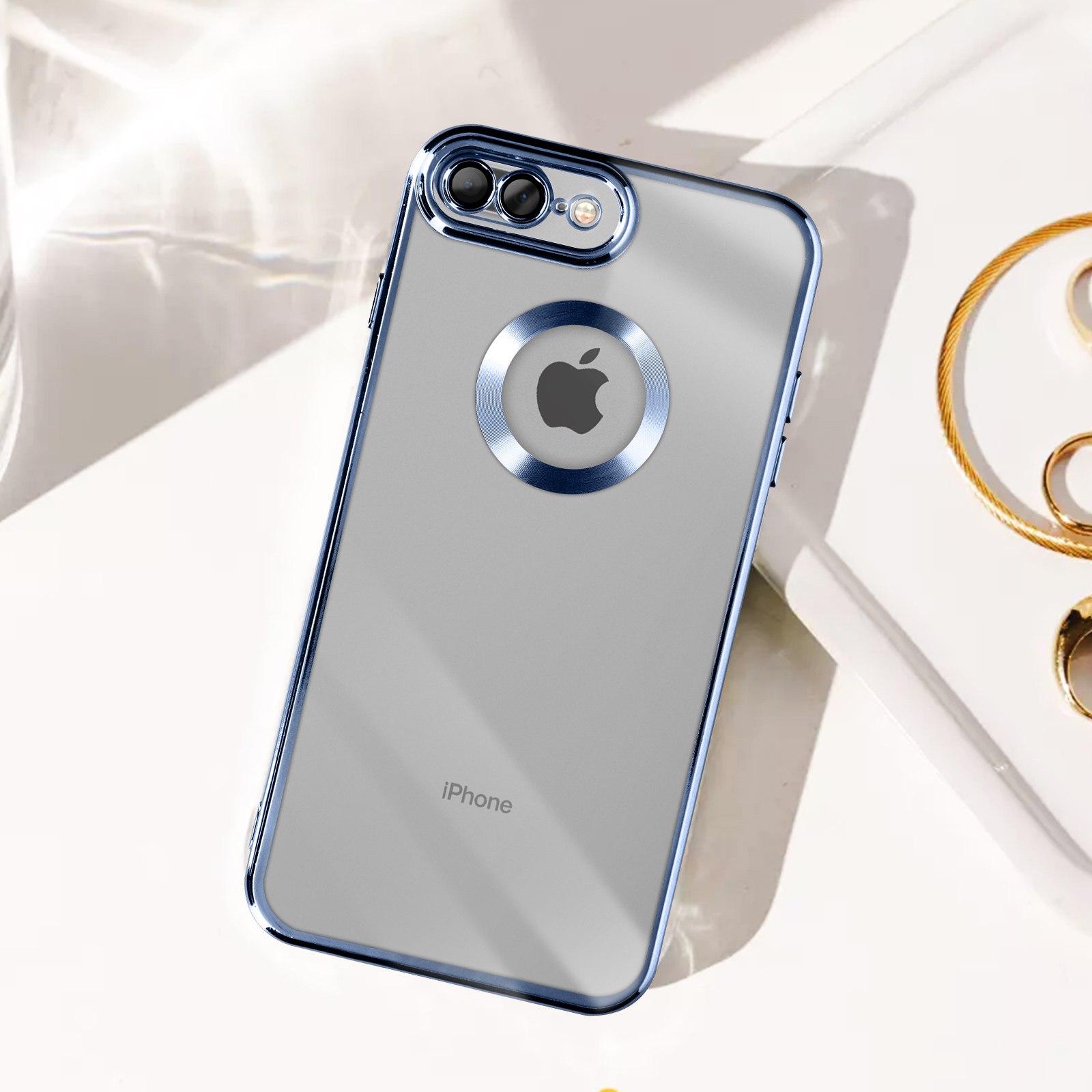 Custodia trasparente per telefono con accento blu. Lo sfondo è bianco.