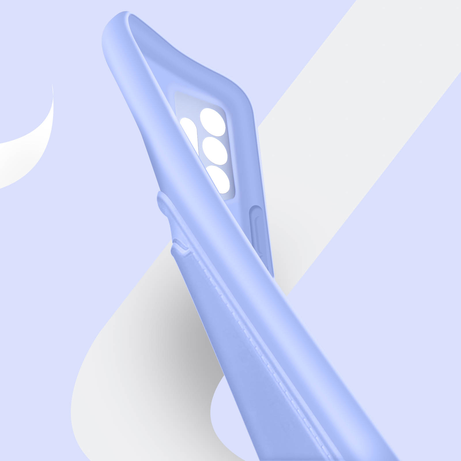 Custodia per telefono viola chiaro. Sfondo bianco e viola chiaro. Vista angolata.