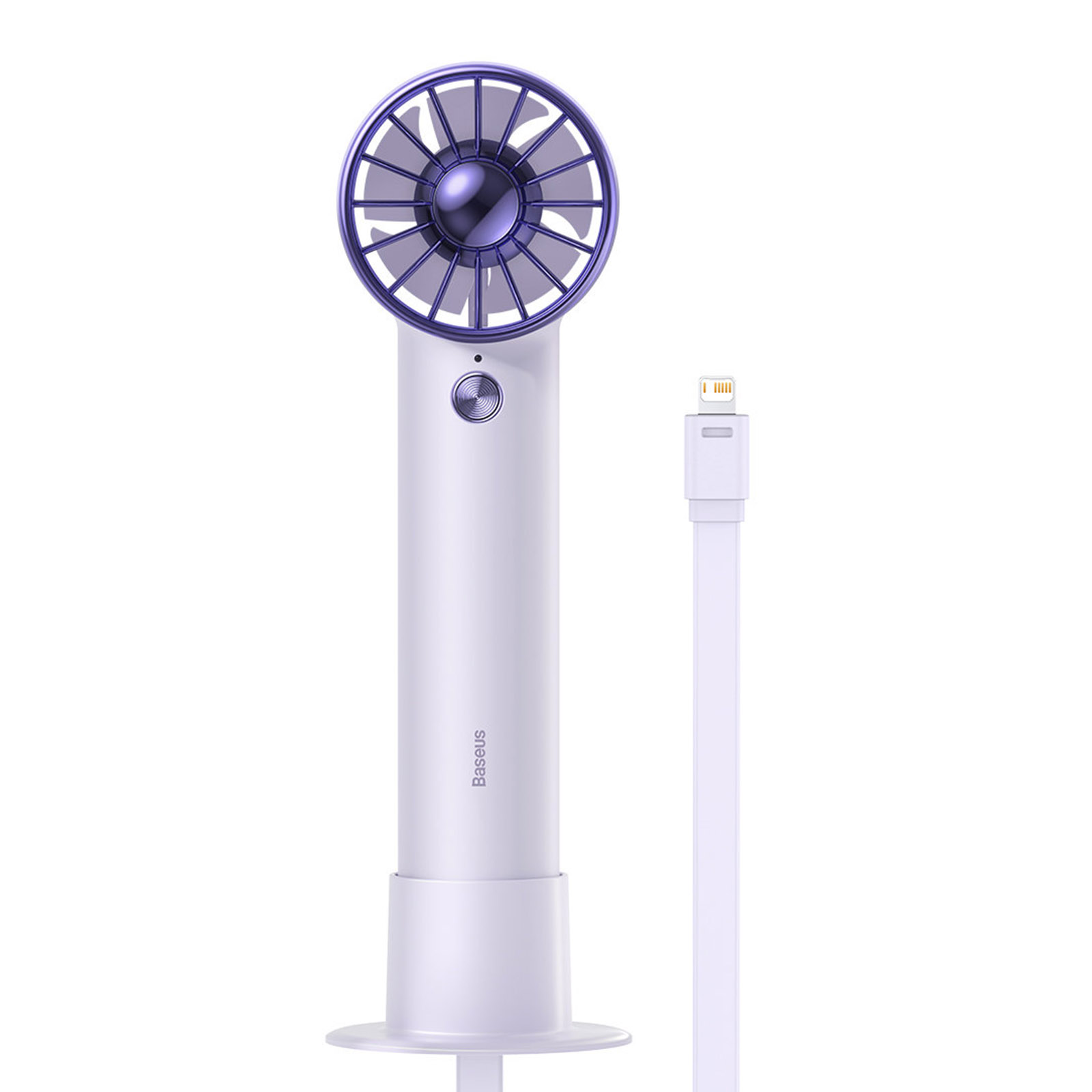 Un ventilador blanco y morado con un cable cargador blanco. El ventilador tiene un diseño circular y un mango.