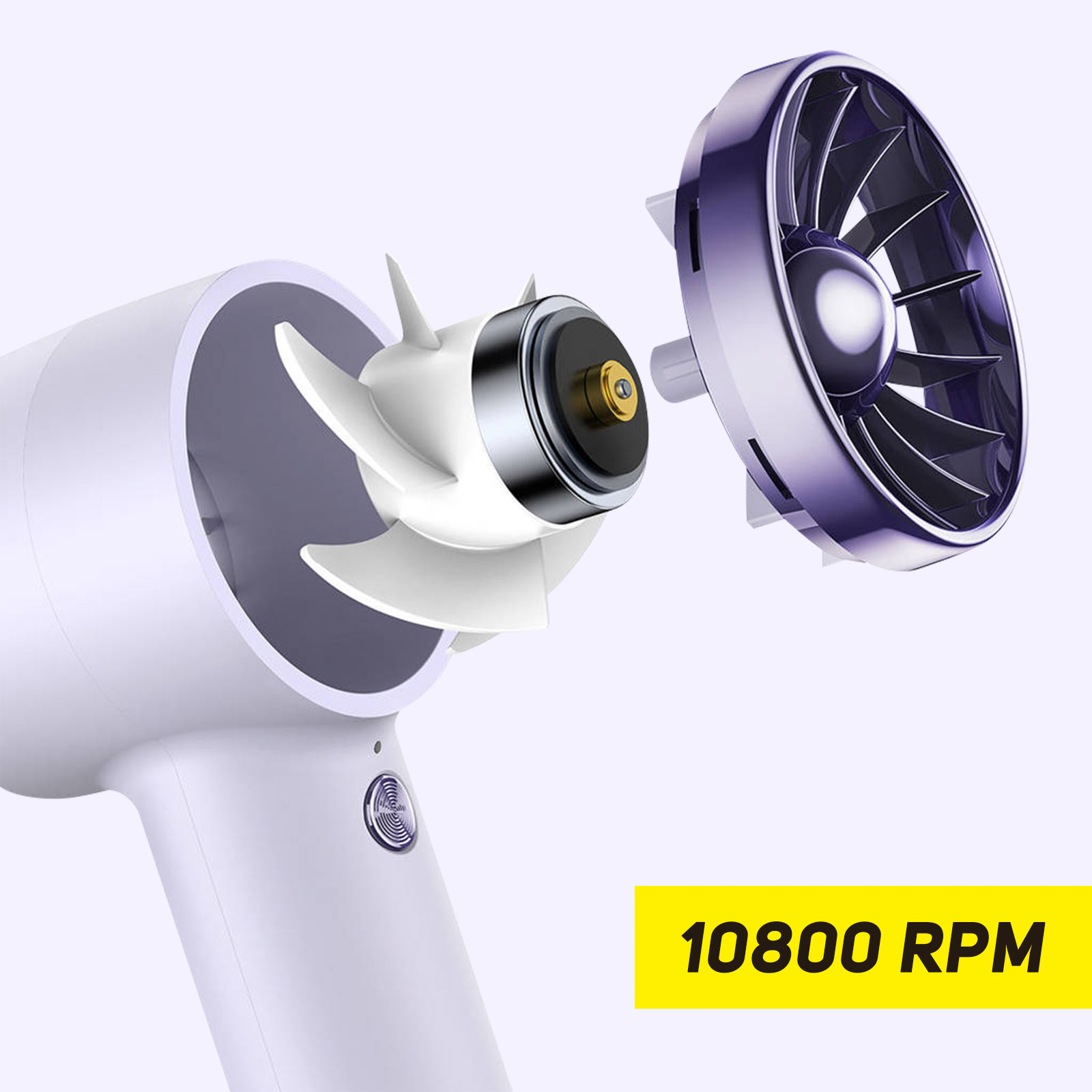 Un secador de pelo abierto con sus componentes internos visibles, con una etiqueta de '10800 RPM'.