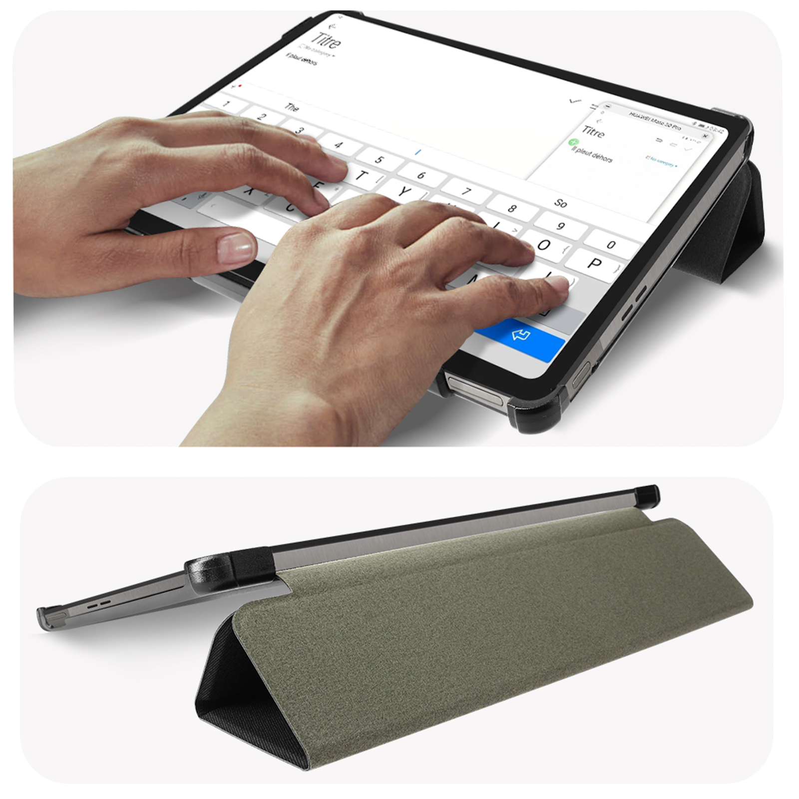 Hände tippen auf einem Tablet mit Tastaturhülle, der Bildschirm mit Text wird angezeigt.