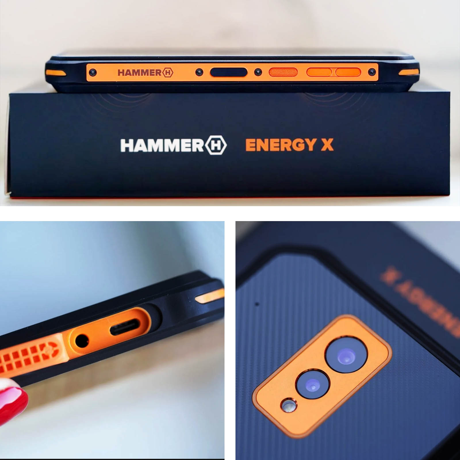 Hammer Energy X Telefon und Box. Das Telefon ist schwarz und orange. Details des Telefondesigns.