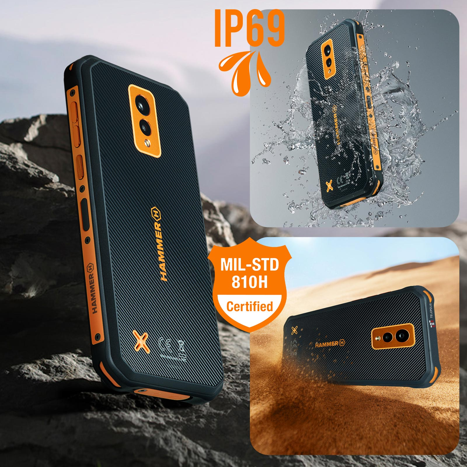 Schwarzes und oranges robustes Telefon. IP69 und MIL-STD 810H zertifiziert.