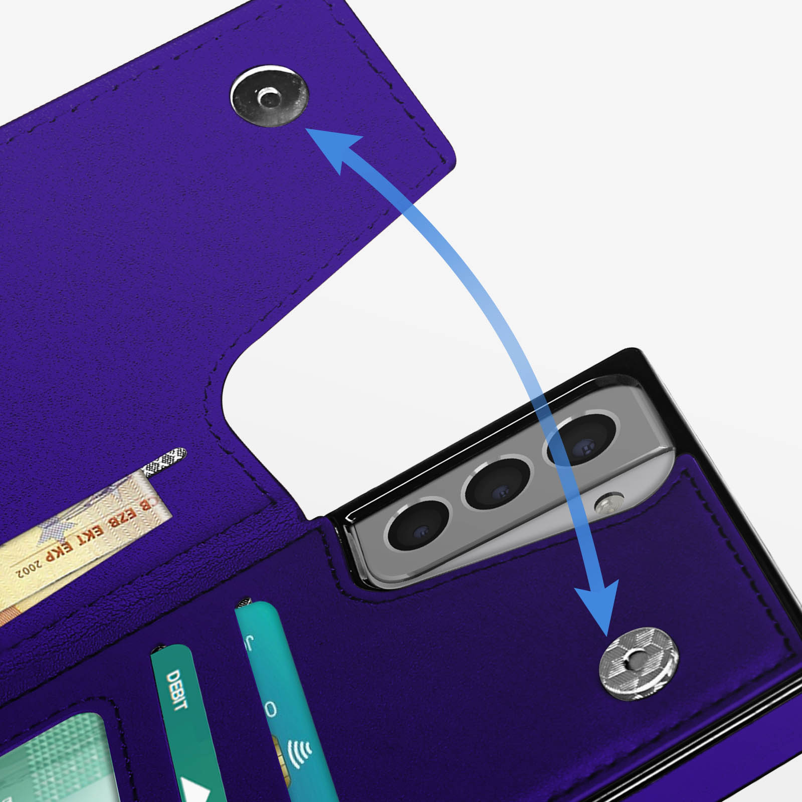 Custodia per telefono viola con carte e un telefono. Una freccia indica l'apertura della custodia.