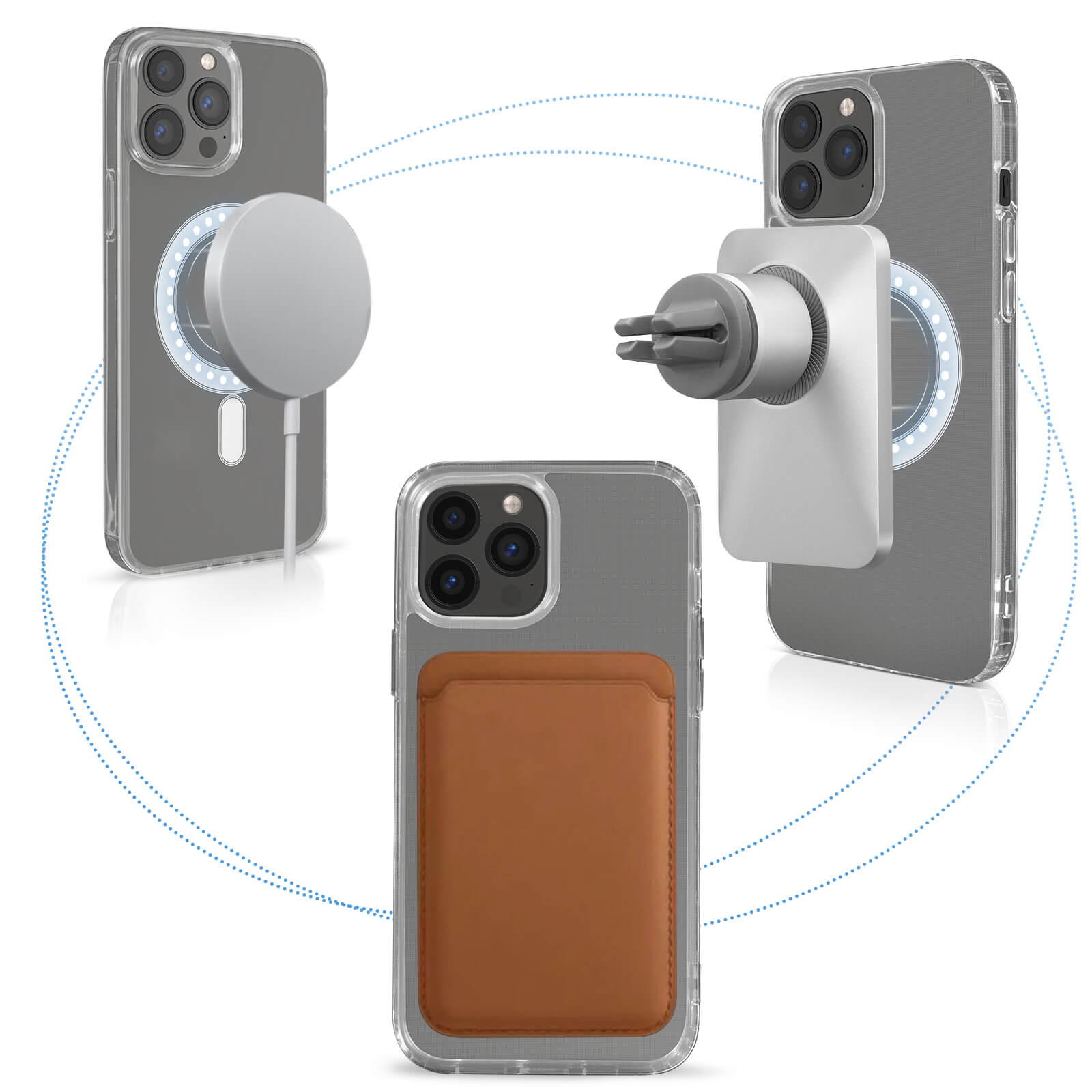 Tre custodie trasparenti per telefono con attacchi magnetici, una con portafoglio, su sfondo bianco.