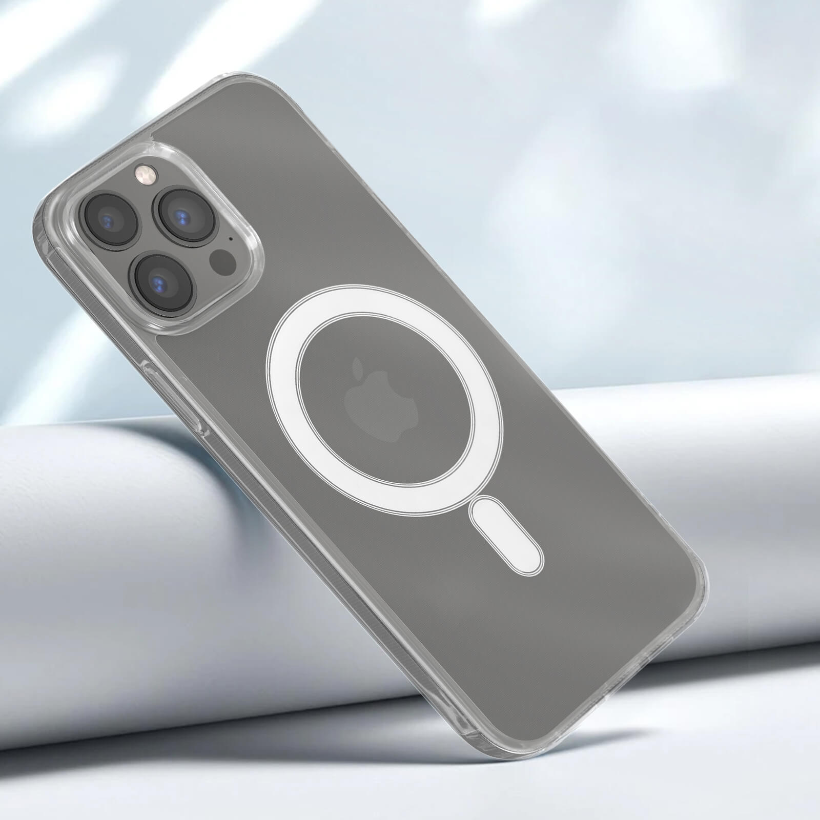 Una custodia trasparente per telefono con logo Apple bianco e sfondo trasparente.