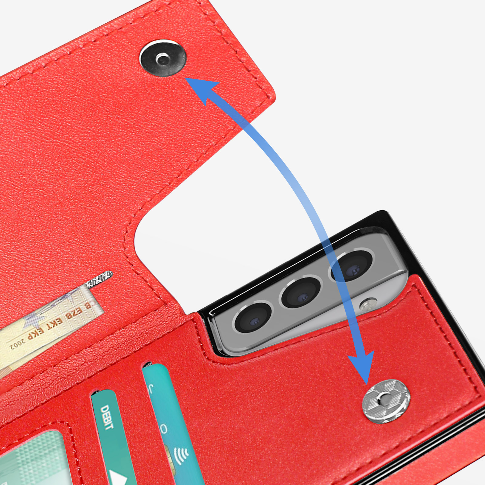 Eine rote Brieftaschen-Handyhülle ist geöffnet und zeigt ein Telefon und Karten. Die Hülle hat einen Schnappverschluss.