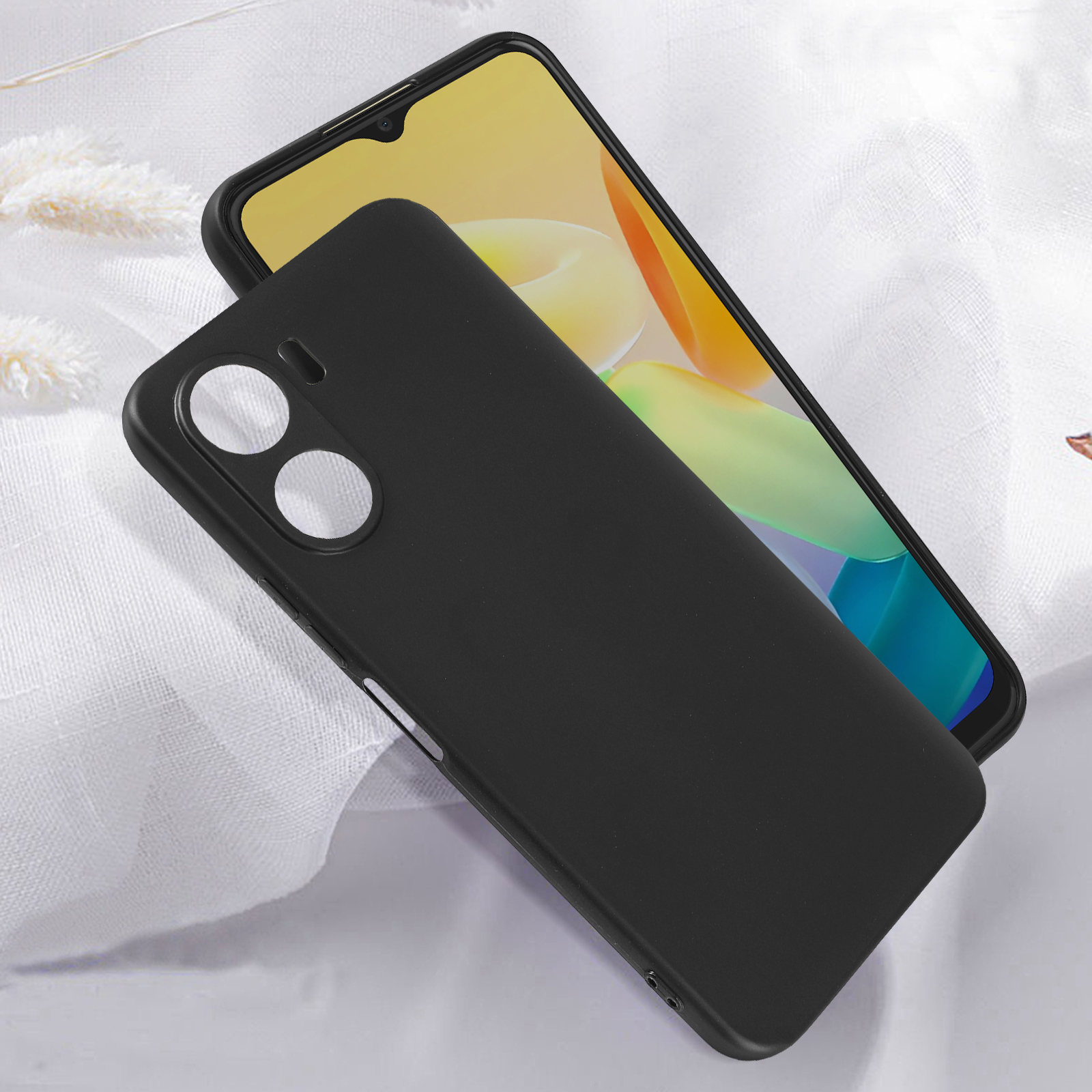 Telefono nero, custodia nera, con schermo giallo-arancione. Sfondo bianco.