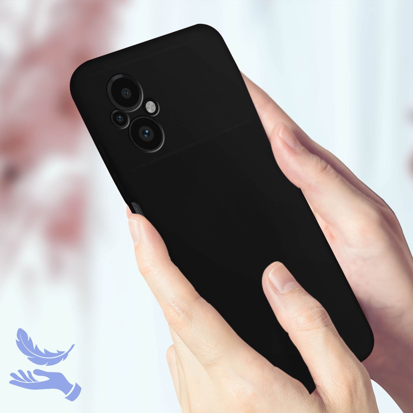 Hände, die ein schwarzes Telefon halten, mit einem Federsymbol im Hintergrund, das geringes Gewicht suggeriert.