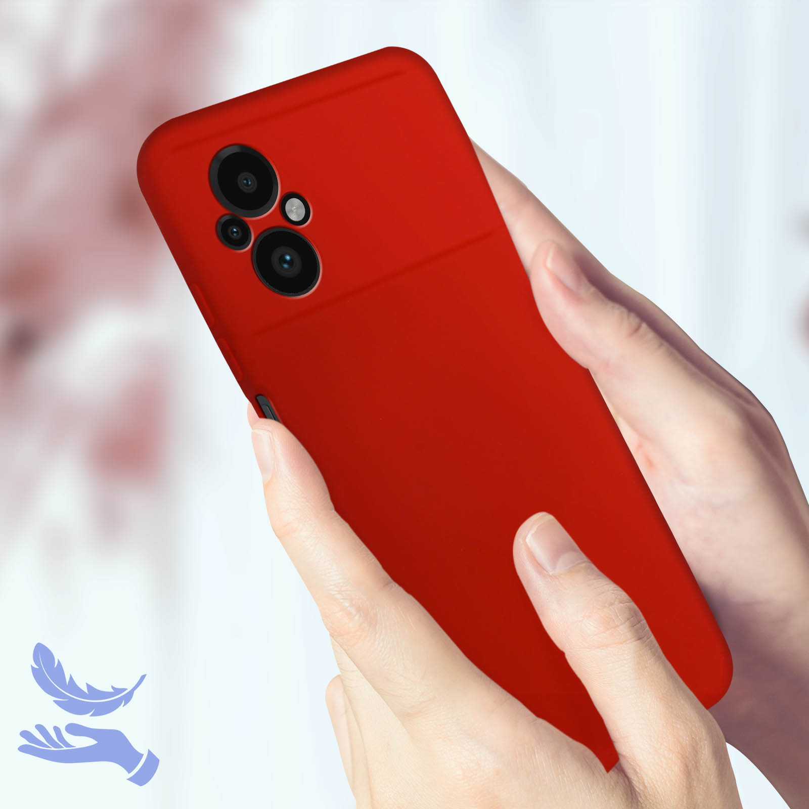 Hände halten eine leuchtend rote Handyhülle. Verschwommener Hintergrund mit Federsymbol.