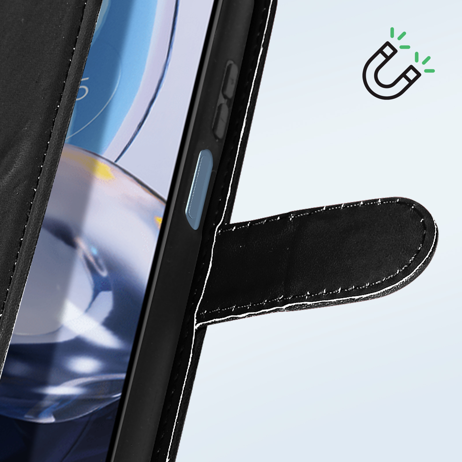 Schwarze Handyhülle mit Magnet und Telefon. Die Hülle hat eine Nahtlinie.