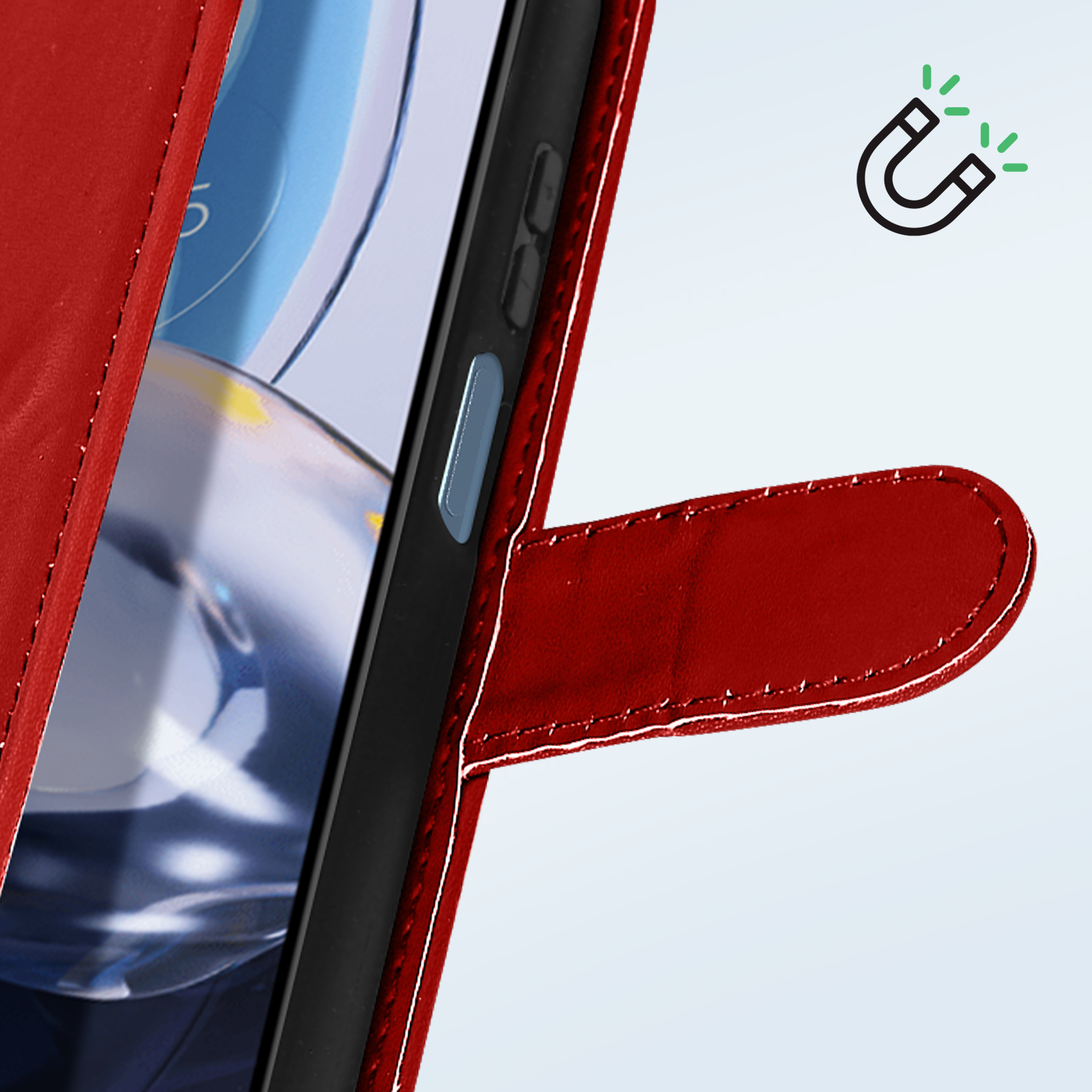 Eine rote Handyhülle ist geöffnet und zeigt das Telefon im Inneren. Ein Magnetsymbol befindet sich oben rechts.