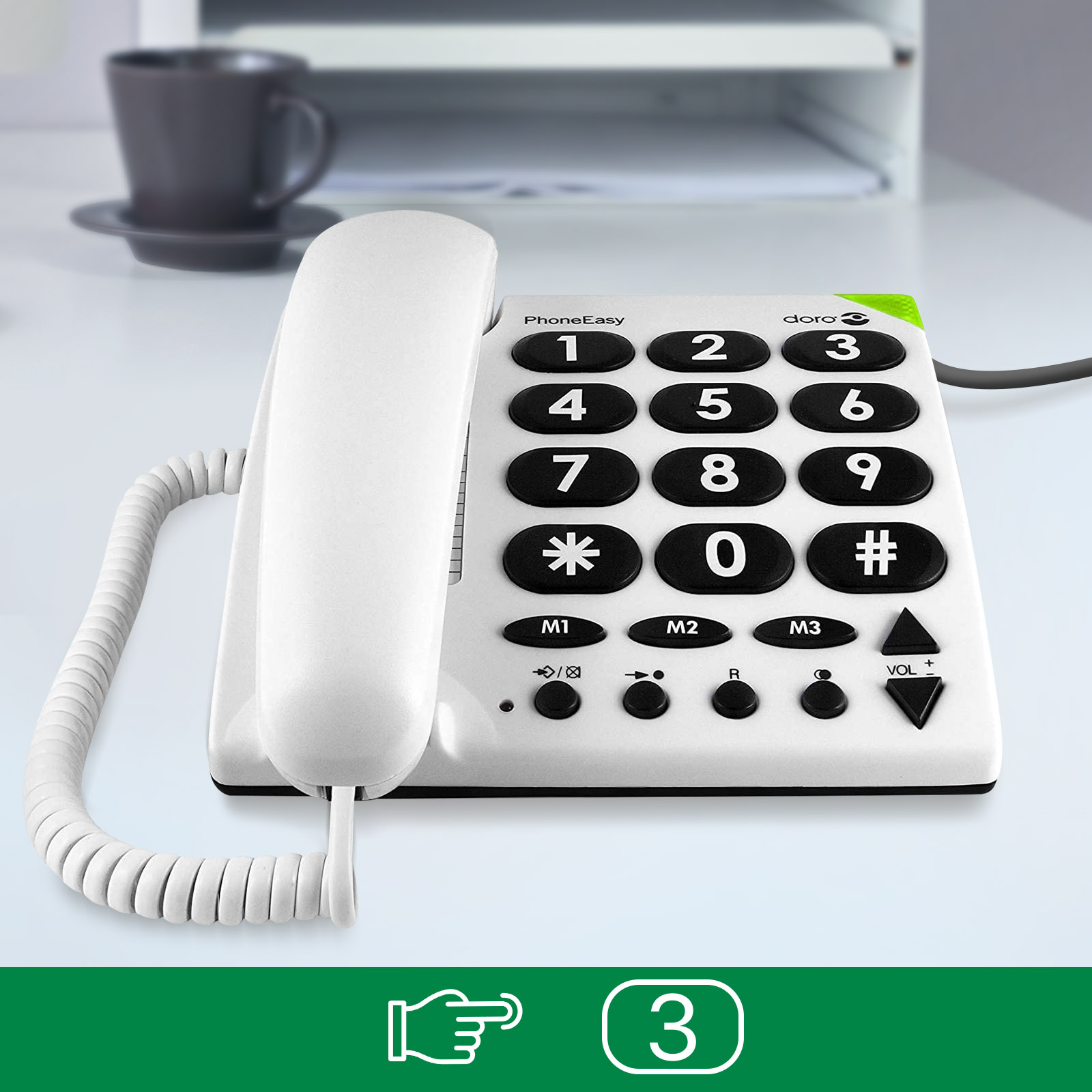 Weißes Telefon mit großen Tasten, zeigt die Zahl 3, mit einem Wahl-Symbol unten.