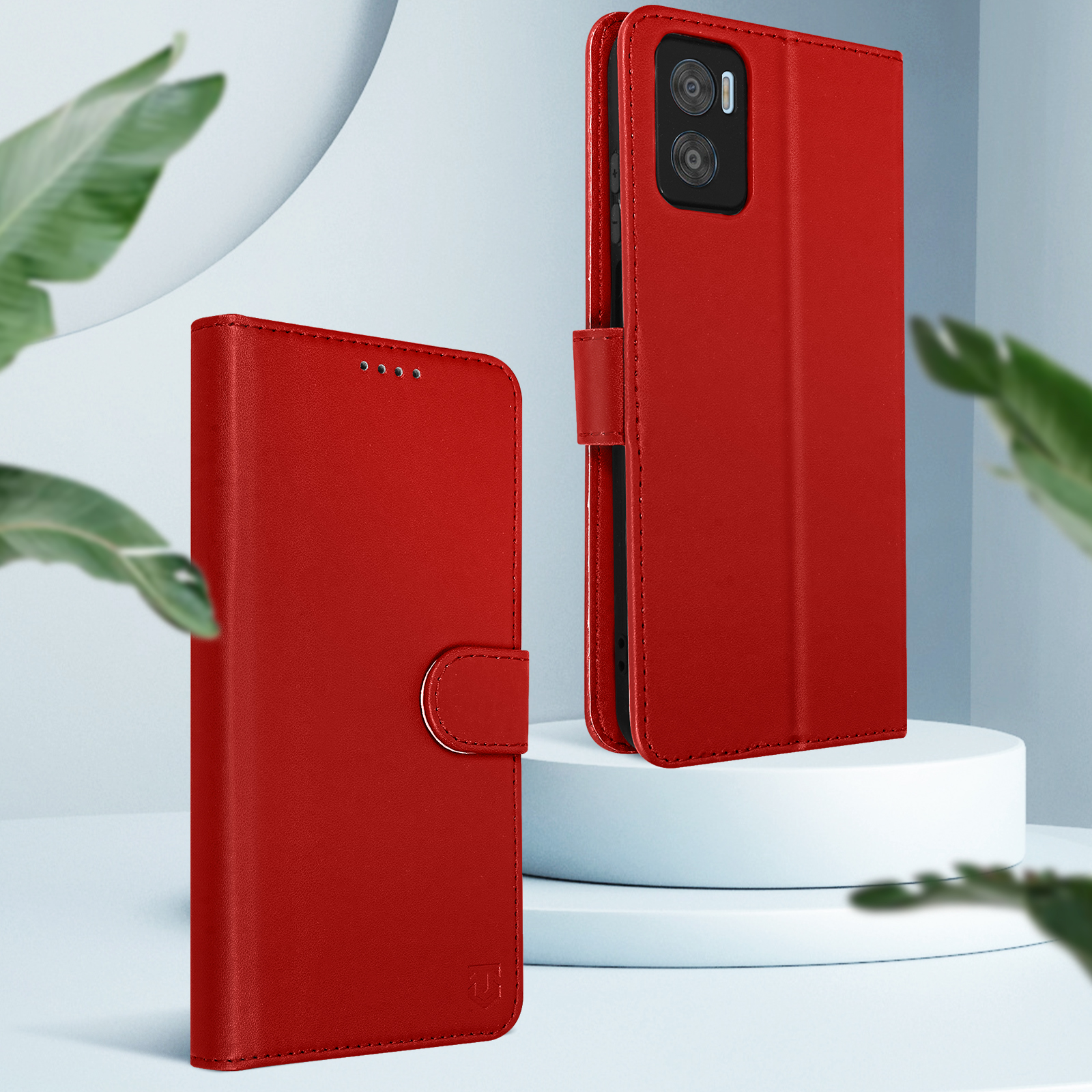 Rote Handyhüllen werden gezeigt. Eine ist offen und zeigt das Telefon, die andere geschlossen. Beide sind in einer Hülle.