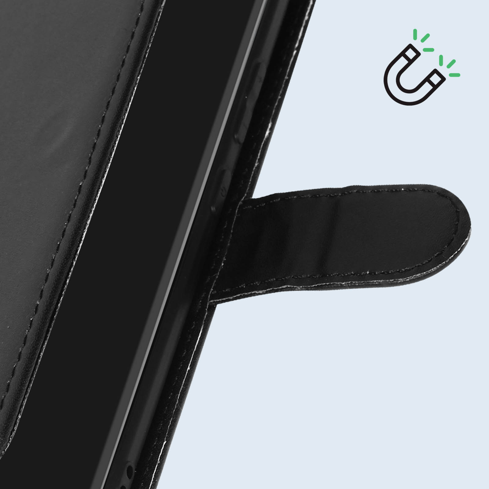 Schwarze Handyhülle mit Magnetklappe und Magnet-Symbol mit grünen Funken.
