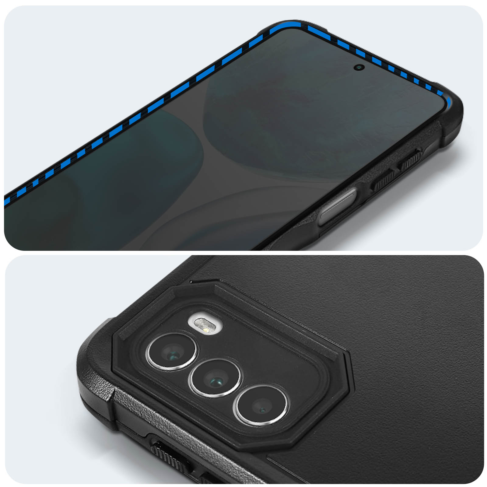 Primo piano di un telefono nero. Mostra lo schermo con un bordo blu e il retro con tre fotocamere.