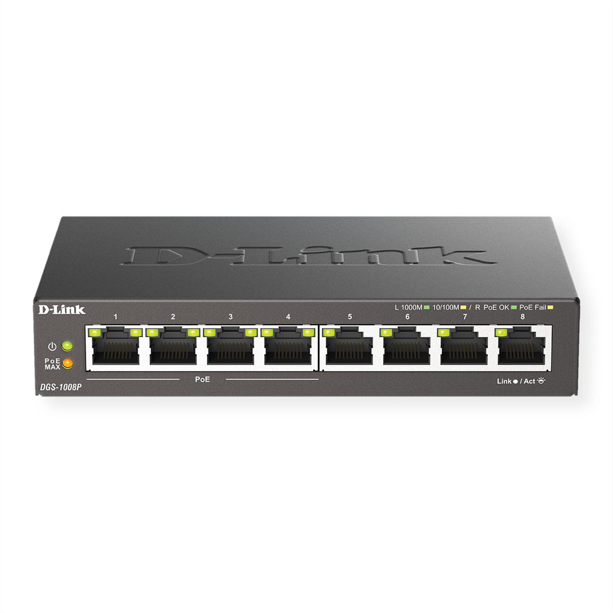Uno switch di rete D-Link nero. Ha 8 porte e diverse spie. Lo sfondo è bianco.
