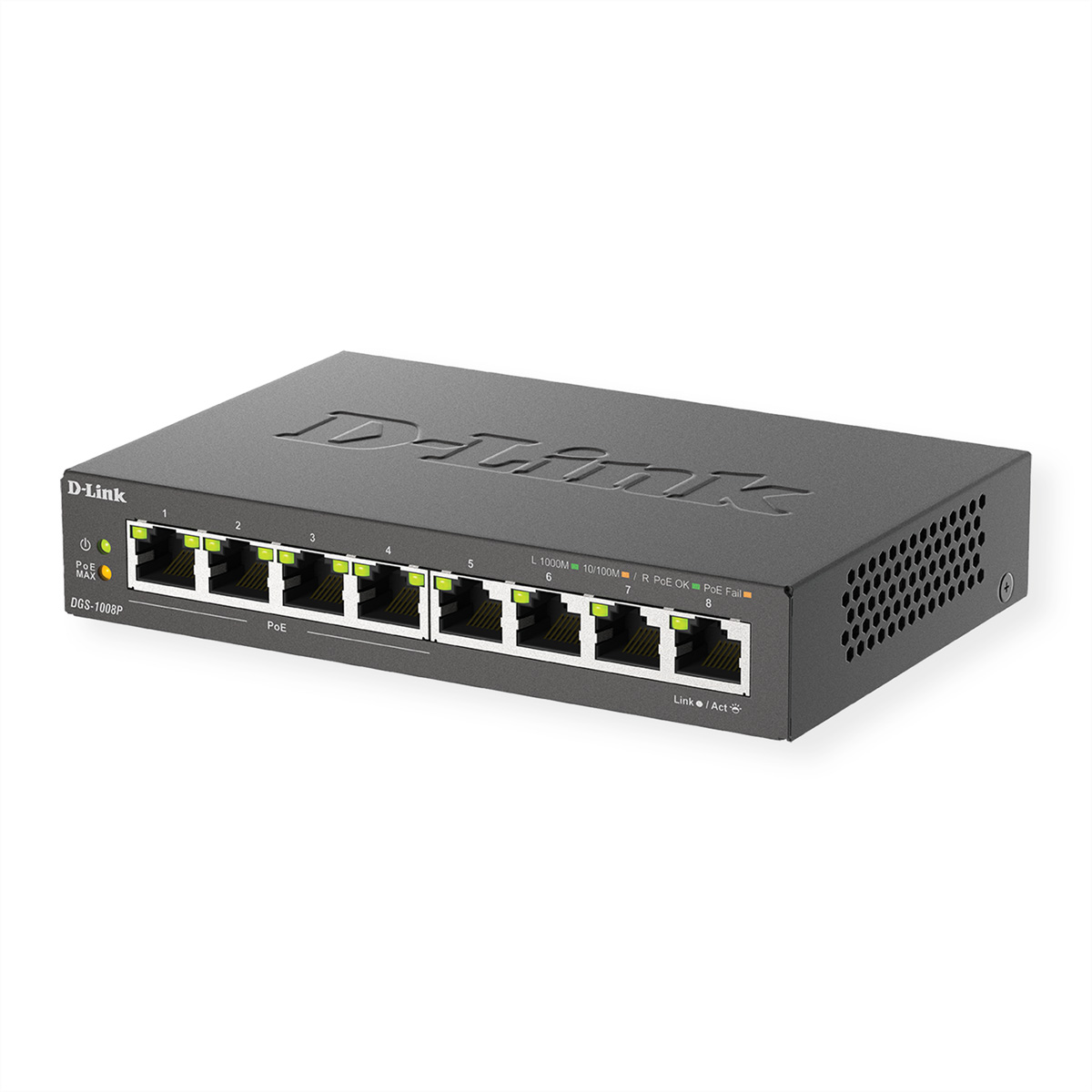 Uno switch D-link nero con otto porte è su una superficie bianca. Il marchio è in alto.