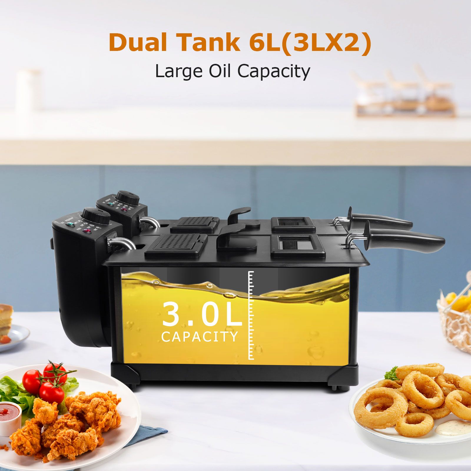 Freidora negra con platos de comida frita. El texto dice 'Dual Tank 6L'.