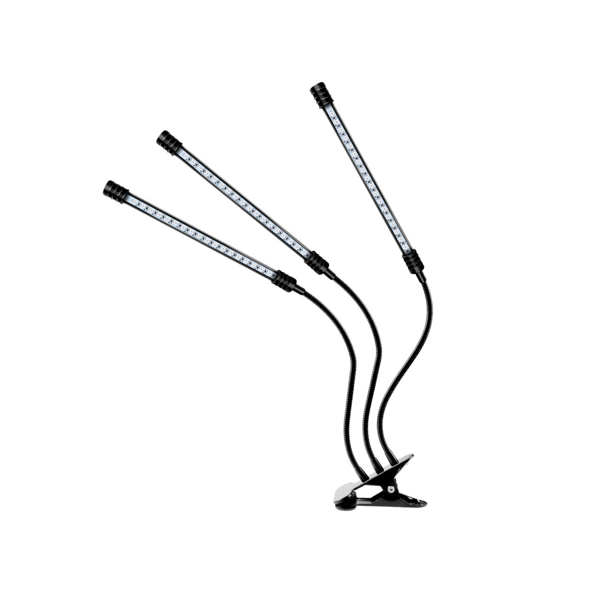 Drei schwarze Pflanzenlampen mit flexiblen Armen und Clip-Basis, weißer Hintergrund.