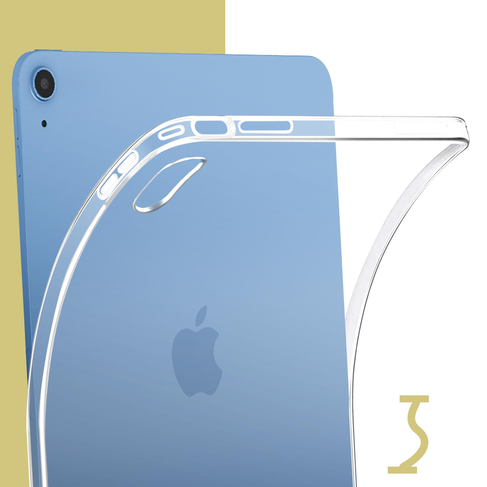 Blaues iPad mit einer transparenten Hülle. Die Hülle hat ein transparentes Design und ein Eckdetail. Gelber Hintergrund.