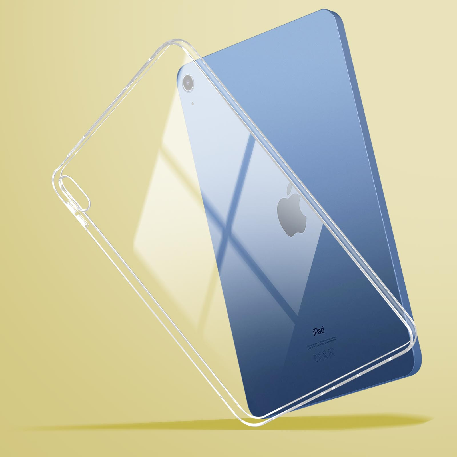 Blaues iPad mit transparenter Hülle auf gelbem Hintergrund, zeigt das Apple-Logo.