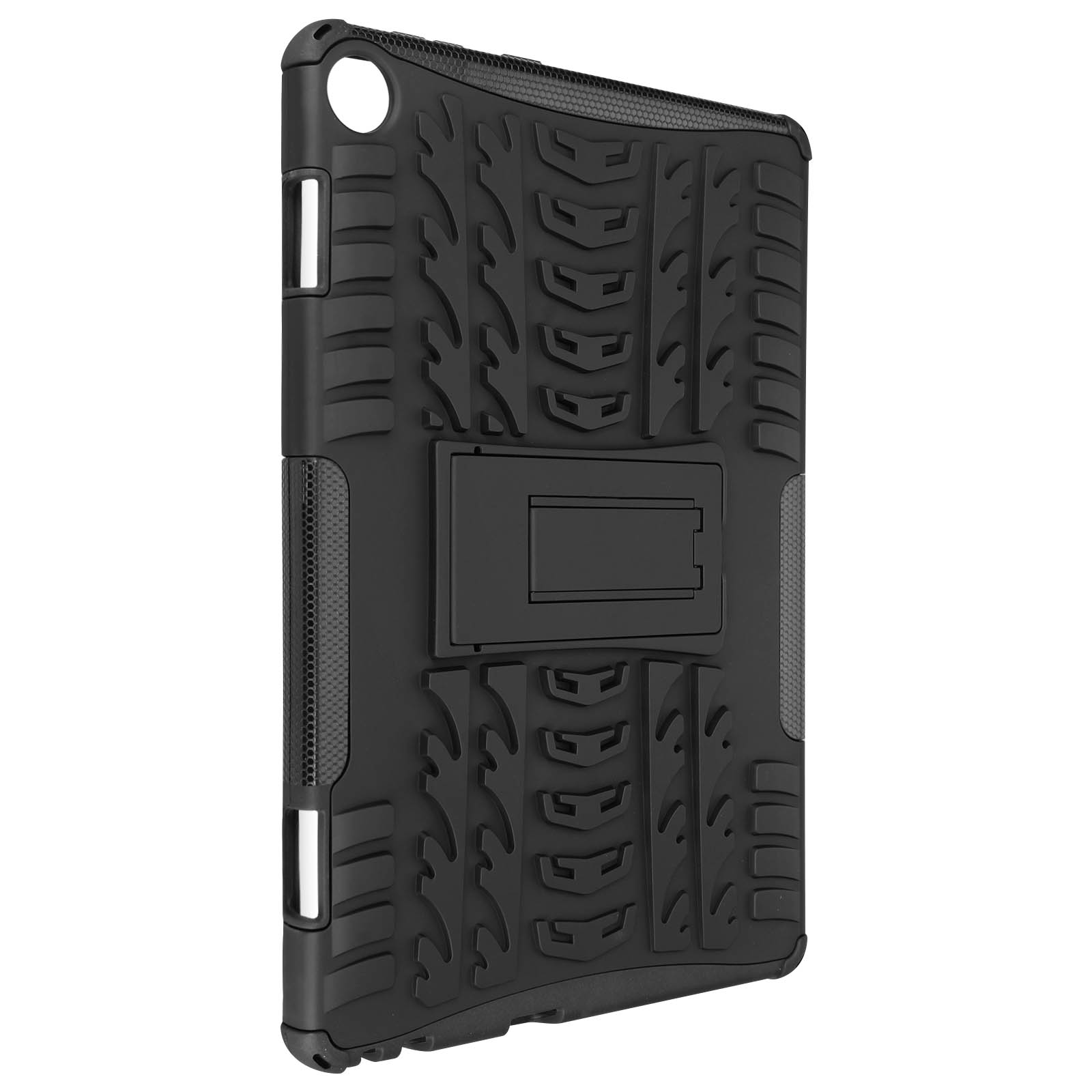 Schwarze Tablet-Hülle mit Ständer. Die Hülle hat ein reifenähnliches Design.