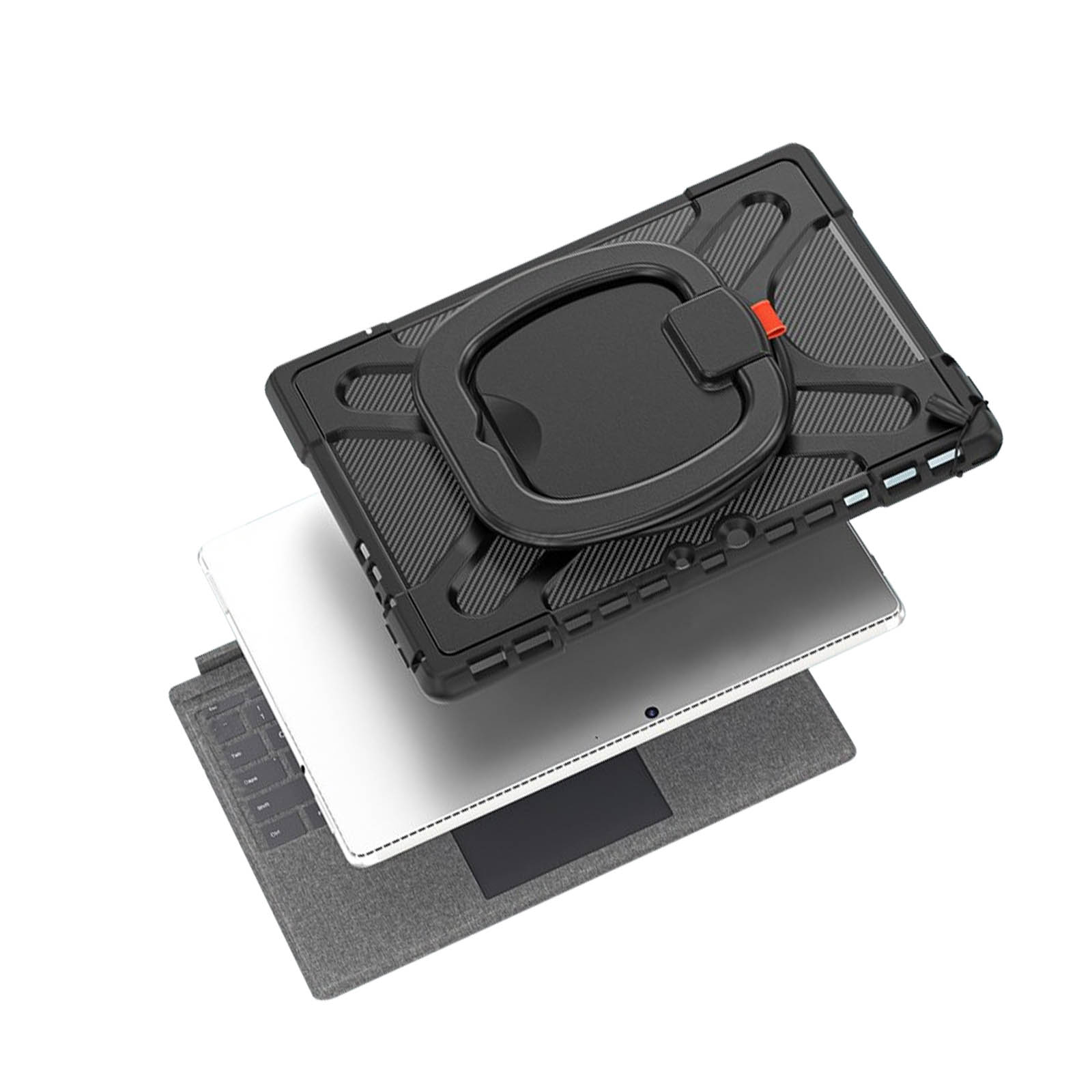 Tablet mit Schutzhülle, Tastatur und Abdeckung, auf weißer Oberfläche angeordnet.