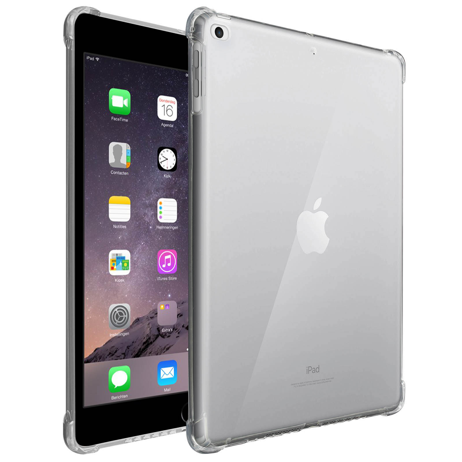 iPad mit durchsichtiger Hülle, Bildschirm anzeigend. Transparente Hülle rechts.