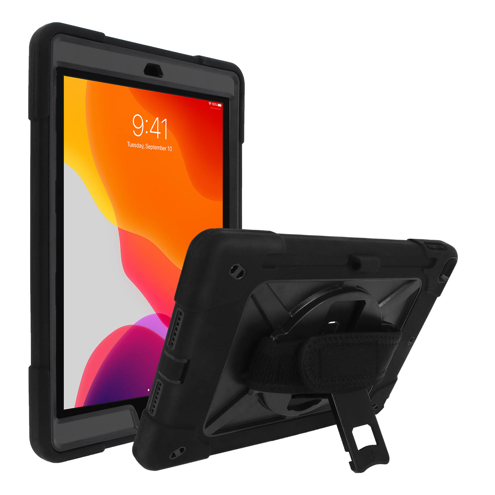 Ein schwarzes Tablet mit schwarzer Hülle und Ständer. Ein weiteres Tablet liegt daneben.
