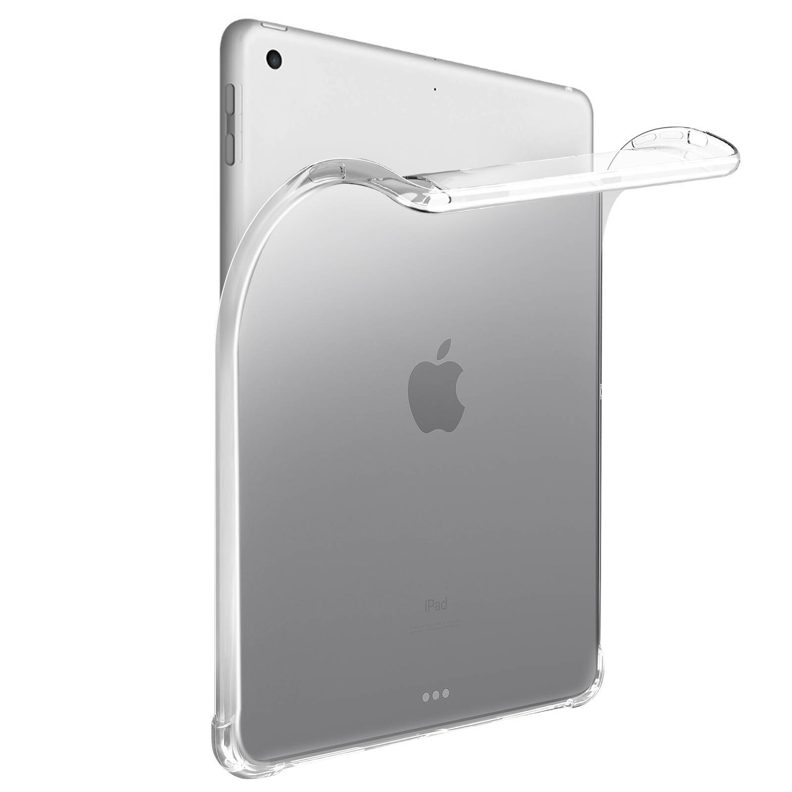 Transparente Tablet-Hülle, zeigt die Rückseite eines Tablets mit Apple-Logo. Die Hülle ist angewinkelt.