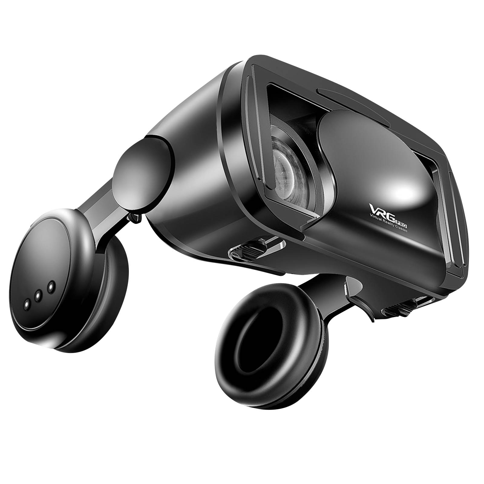 Un casco de realidad virtual negro con auriculares. El casco tiene un diseño elegante. Se coloca sobre un fondo blanco.