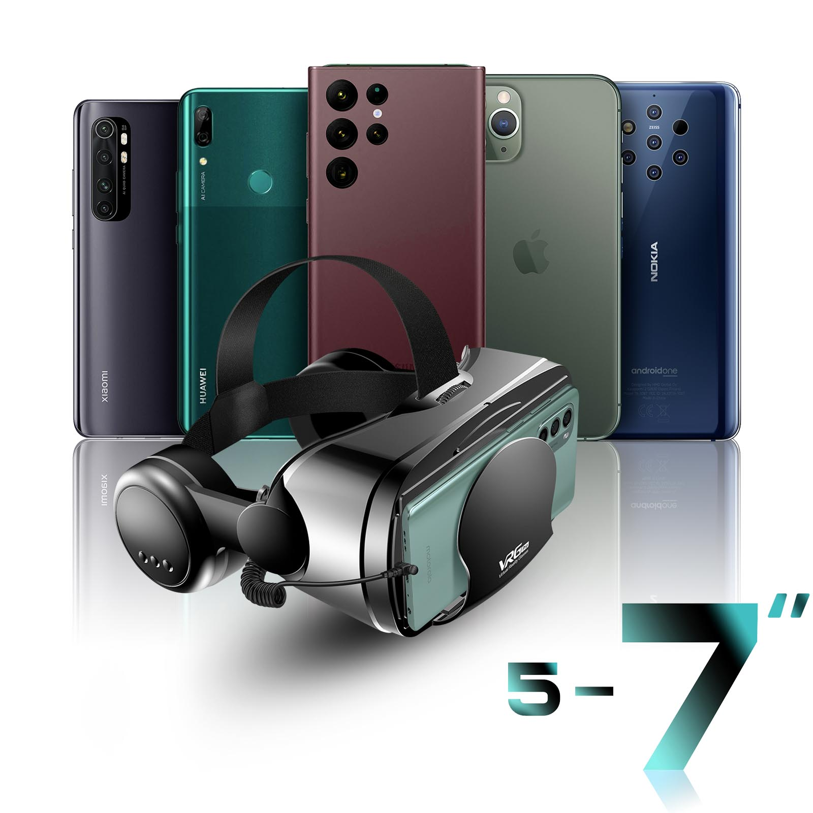 Cinco smartphones detrás de un casco de realidad virtual. El texto inferior es 5-7".
