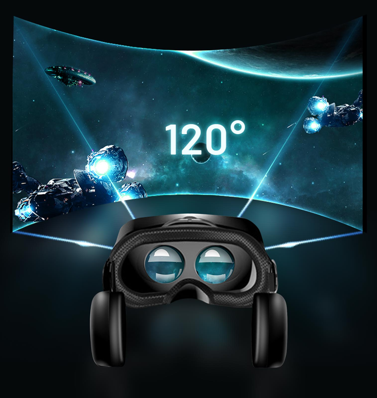 Auriculares VR con vista de 120 grados de una escena espacial con planetas y naves espaciales. Negro.