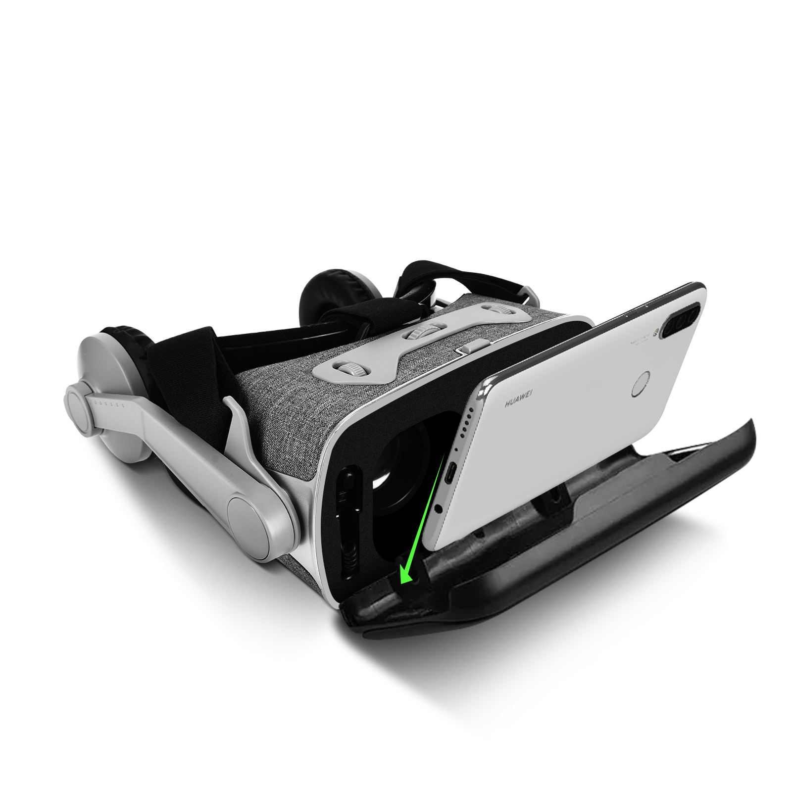 VR-Headset mit einem Telefon in seinem Fach. Das Headset ist weiß und grau. Der Hintergrund ist weiß.