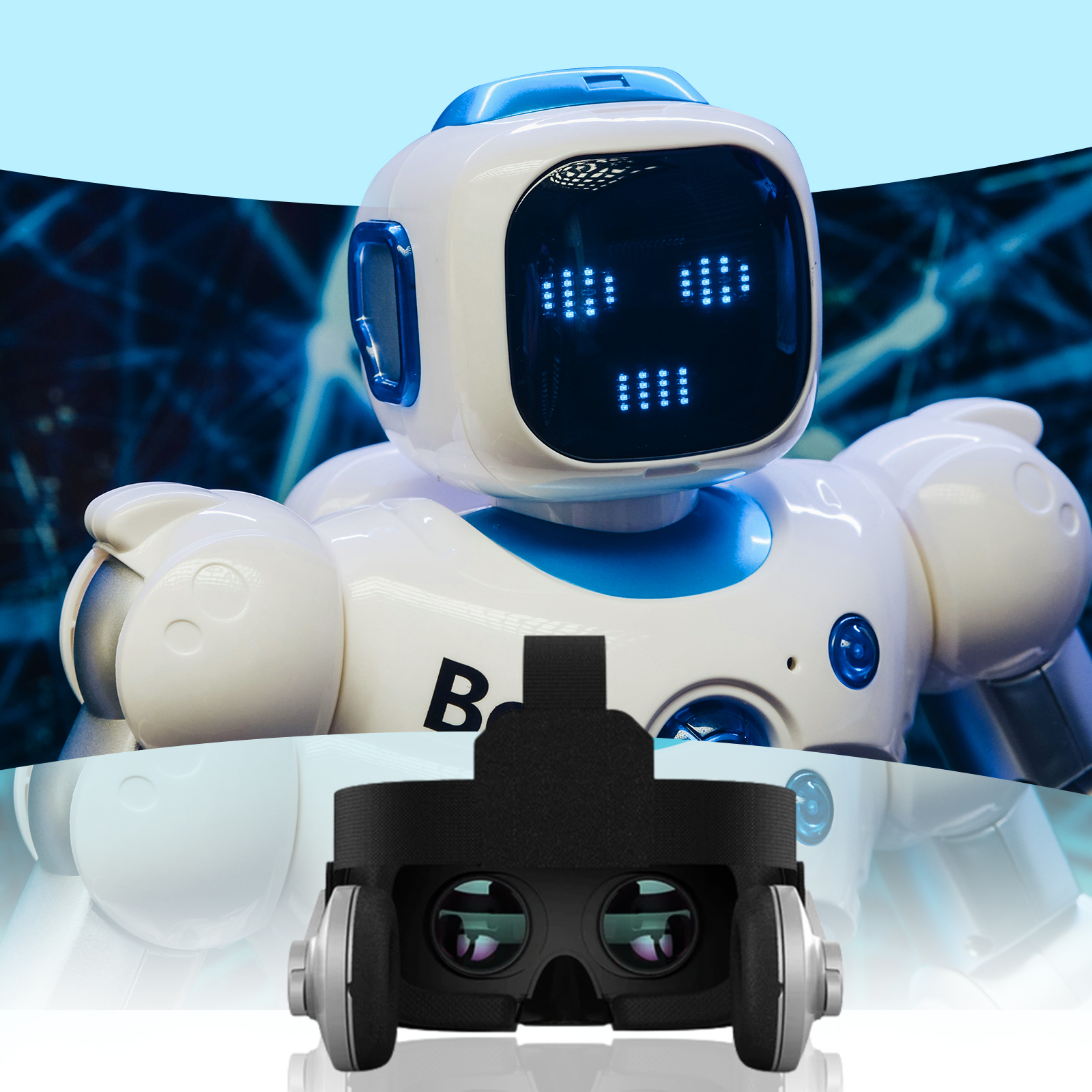 Roboter, der eine VR-Brille trägt, mit futuristischem blauem Hintergrund. Das VR-Headset ist unten.