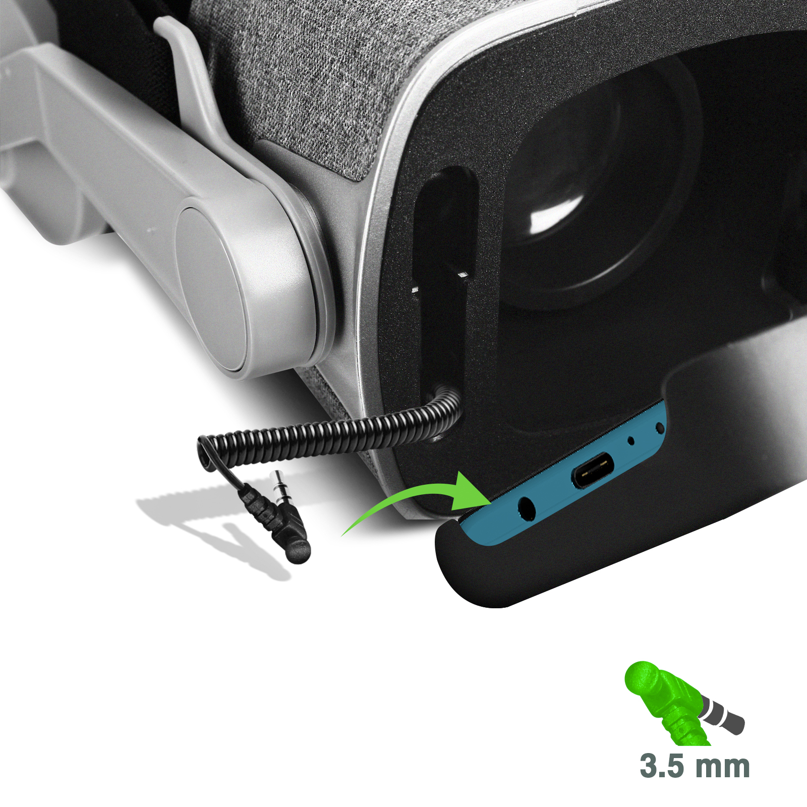 VR-Headset mit eingestecktem Kabel, mit 3,5-mm-Klinke und blauem Anschluss. Grau und Schwarz.