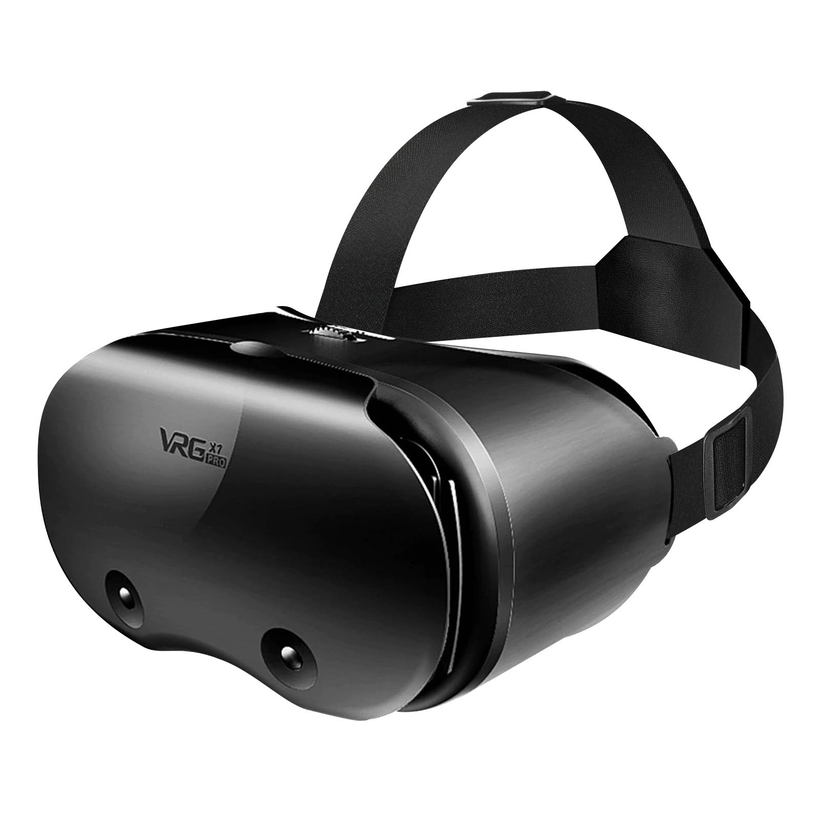 Un casco de realidad virtual negro con una correa negra para la cabeza.