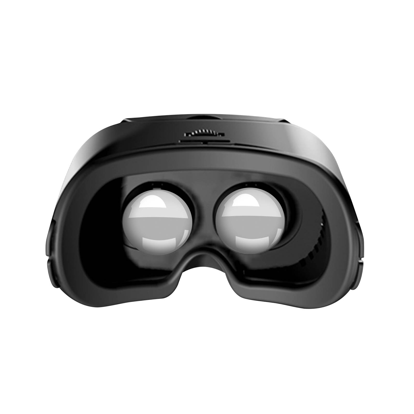 Gafas de realidad virtual negras. Dos lentes grandes visibles en el interior. Aisladas sobre blanco.