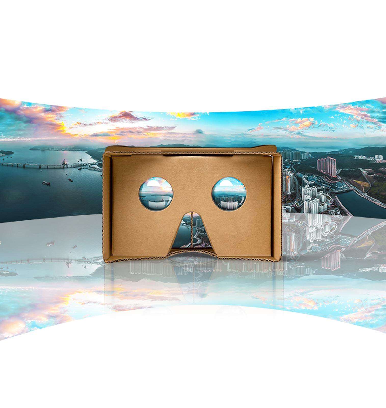 Visore VR in cartone che mostra una vista della città attraverso le lenti. Sfondo bianco e riflesso della città.