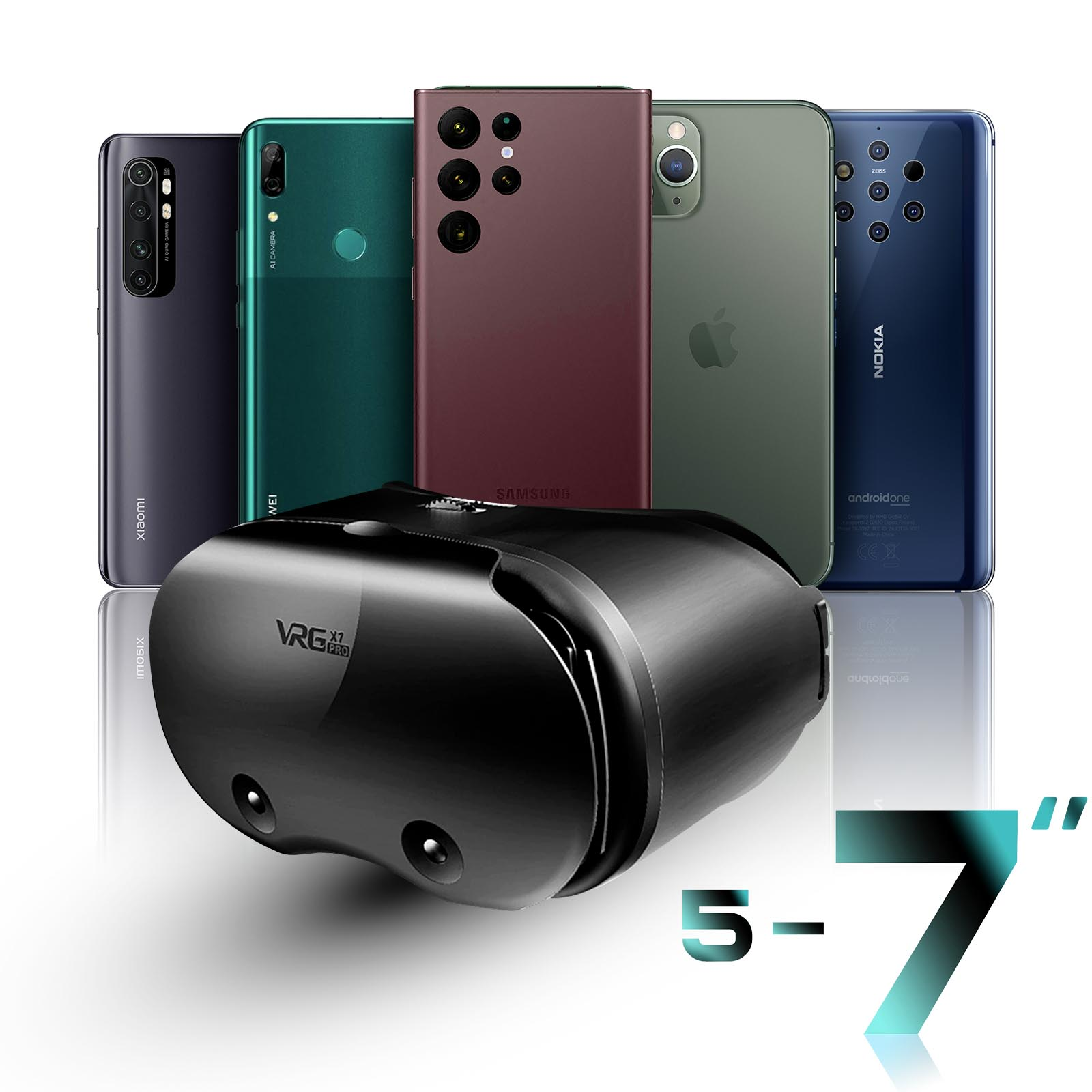 Auriculares de realidad virtual frente a una fila de teléfonos inteligentes. Los teléfonos son de varios colores.
