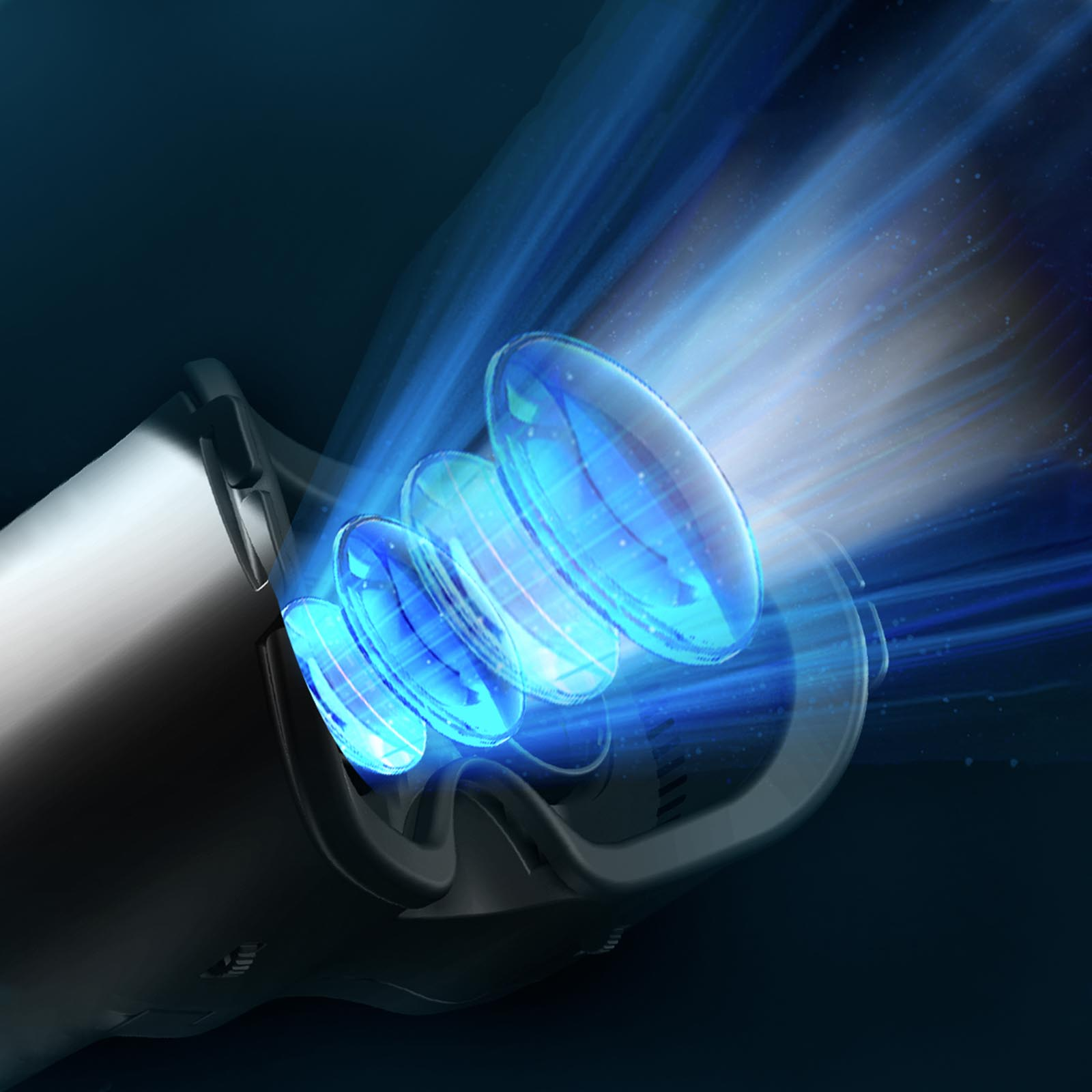 Primer plano de lentes de realidad virtual con rayos de luz azules.