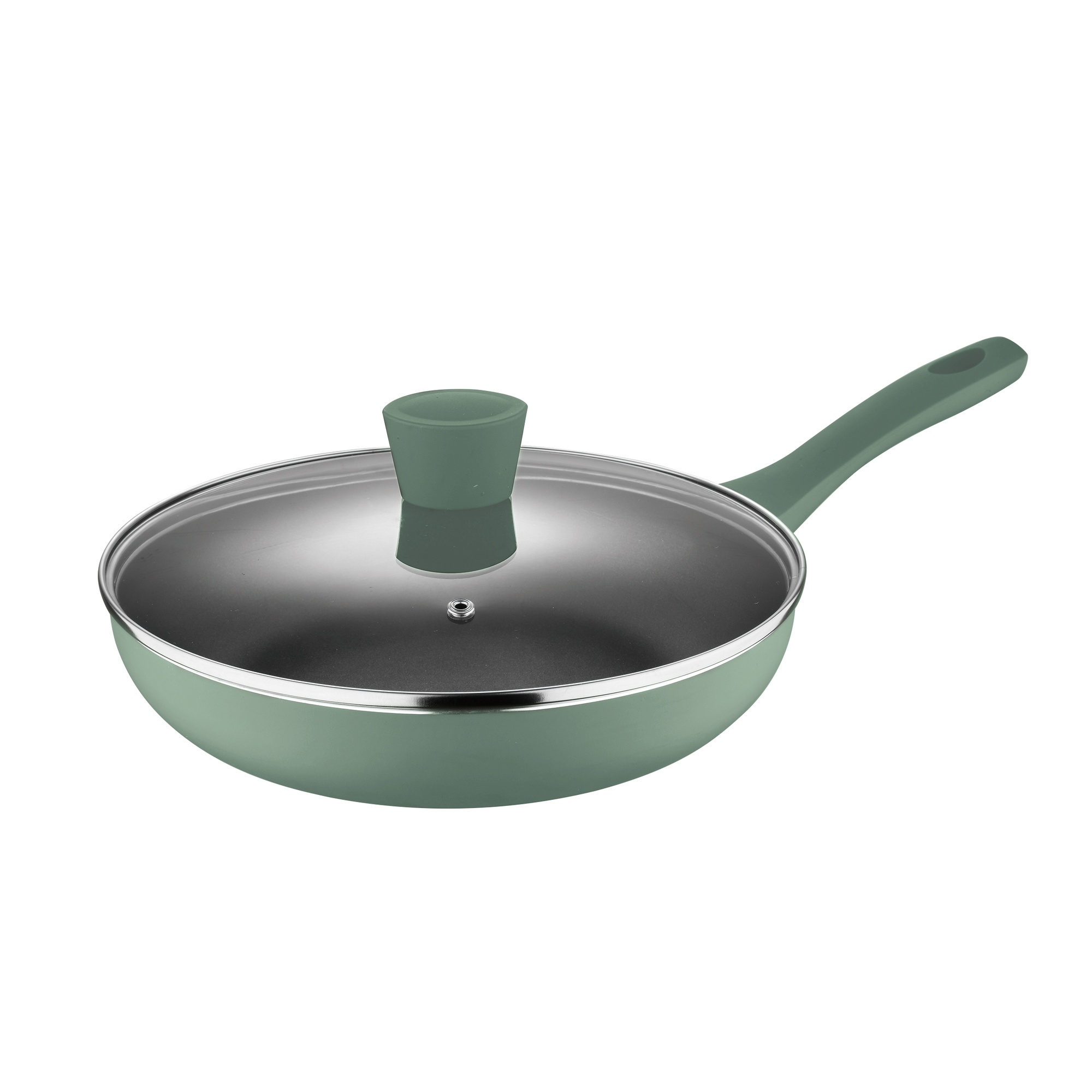 Sartén verde con tapa. Tiene un mango.